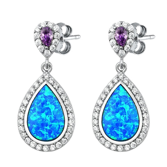 Halo Teardrop Hanging Earrings Blue Simulated Opal Clear Simulated CZ .925 Sterling Silver