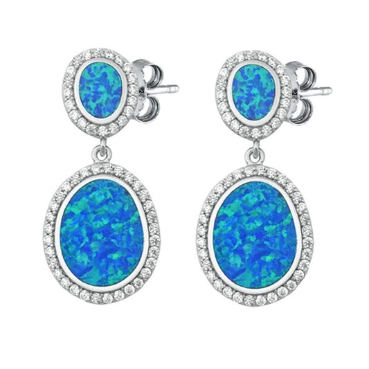Halo Oval Hanging Earrings Blue Simulated Opal Clear Simulated CZ .925 Sterling Silver