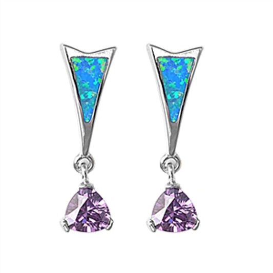 Trillion Hanging Earrings Simulated Amethyst Blue Simulated Opal .925 Sterling Silver