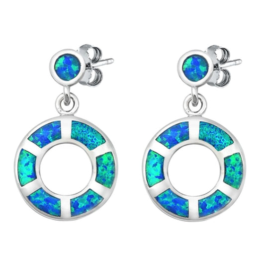 Circle Hanging Earrings Blue Simulated Opal .925 Sterling Silver