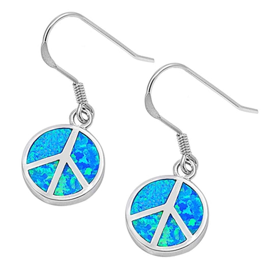 Hippy Symbol Circle Peace Sign Love Blue Simulated Opal .925 Sterling Silver Earrings