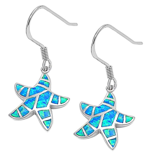 Starfish Hanging Earrings Blue Simulated Opal .925 Sterling Silver