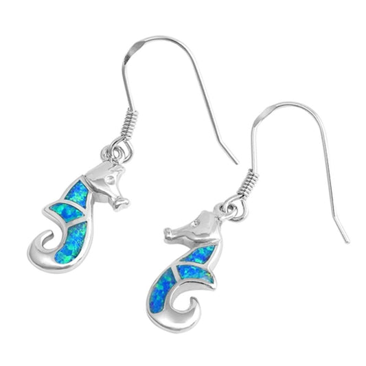 Seahorse Hanging Earrings Blue Simulated Opal .925 Sterling Silver