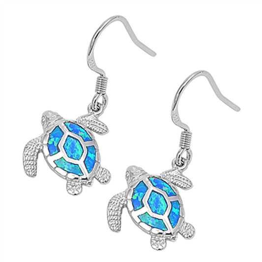 Turtle Hanging Earrings Blue Simulated Opal .925 Sterling Silver