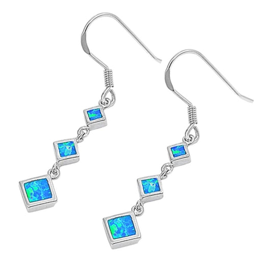 Long Hanging Earrings Blue Simulated Opal .925 Sterling Silver