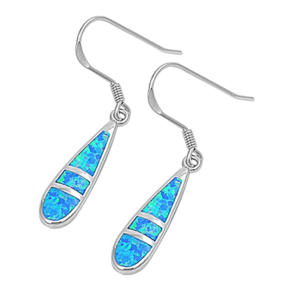 Teardrop Hanging Earrings Blue Simulated Opal .925 Sterling Silver