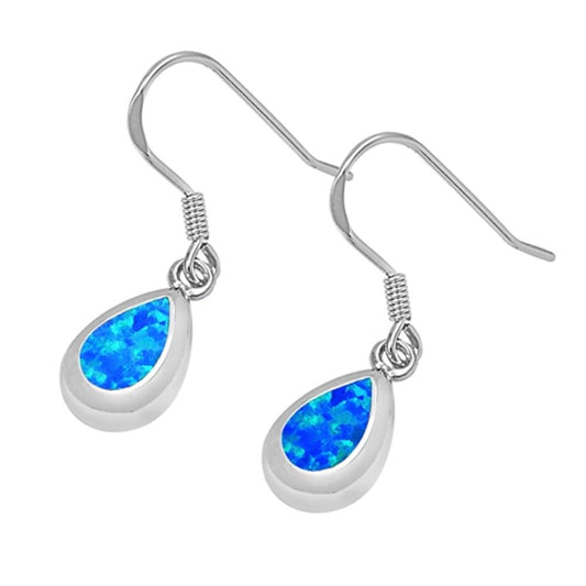 Teardrop Hanging Earrings Blue Simulated Opal .925 Sterling Silver