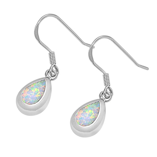 Teardrop Hanging Earrings White Simulated Opal .925 Sterling Silver