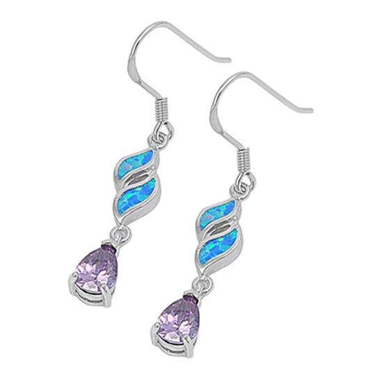 Teardrop Hanging Earrings Simulated Lavender Blue Simulated Opal .925 Sterling Silver