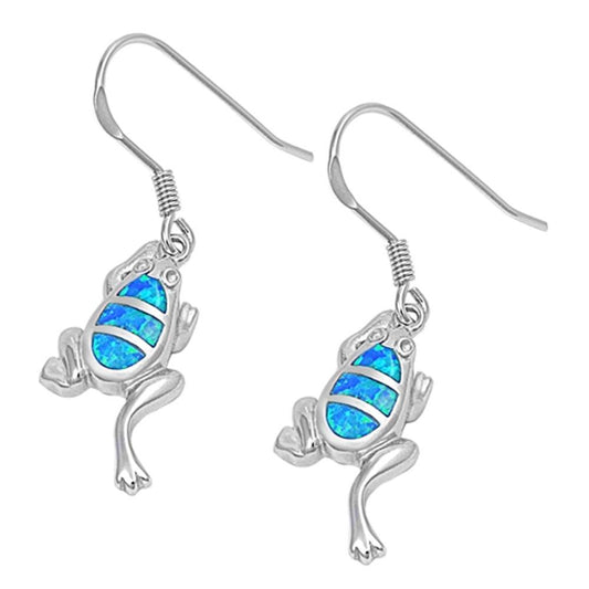 Frog Hanging Earrings Blue Simulated Opal .925 Sterling Silver