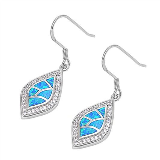 Halo Marquise Hanging Earrings Blue Simulated Opal Clear Simulated CZ .925 Sterling Silver