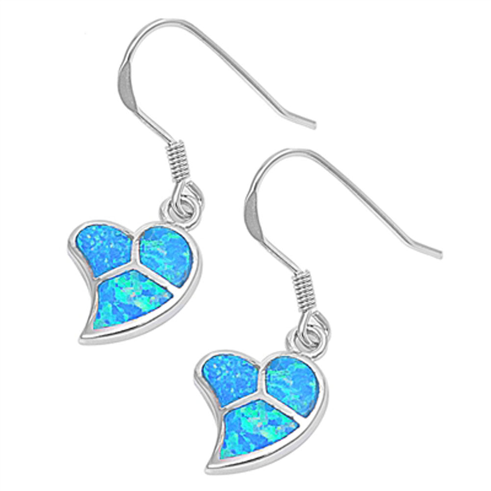 Heart Hanging Earrings Blue Simulated Opal .925 Sterling Silver