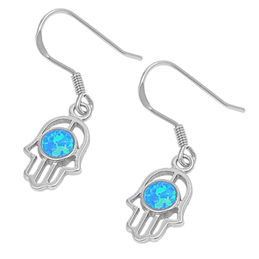 Circle Hand of God Hanging Earrings Blue Simulated Opal .925 Sterling Silver