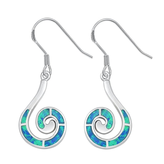 Swirl Hanging Earrings Blue Simulated Opal .925 Sterling Silver