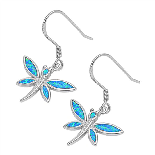 Dragonfly Hanging Earrings Blue Simulated Opal .925 Sterling Silver