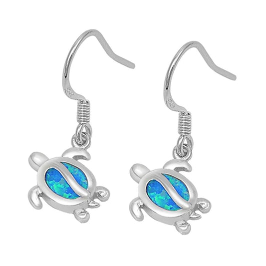 Turtle Hanging Earrings Blue Simulated Opal .925 Sterling Silver