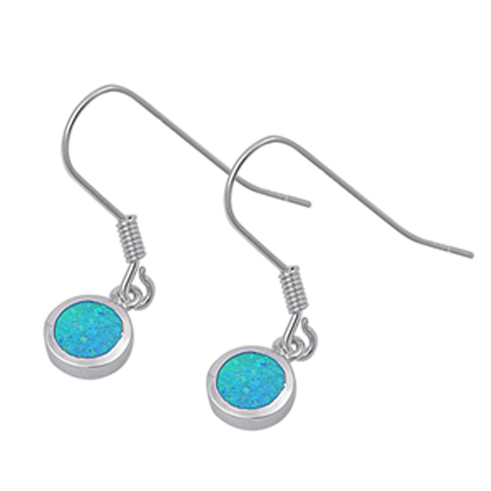 Round Circle Earrings Blue Simulated Opal .925 Sterling Silver