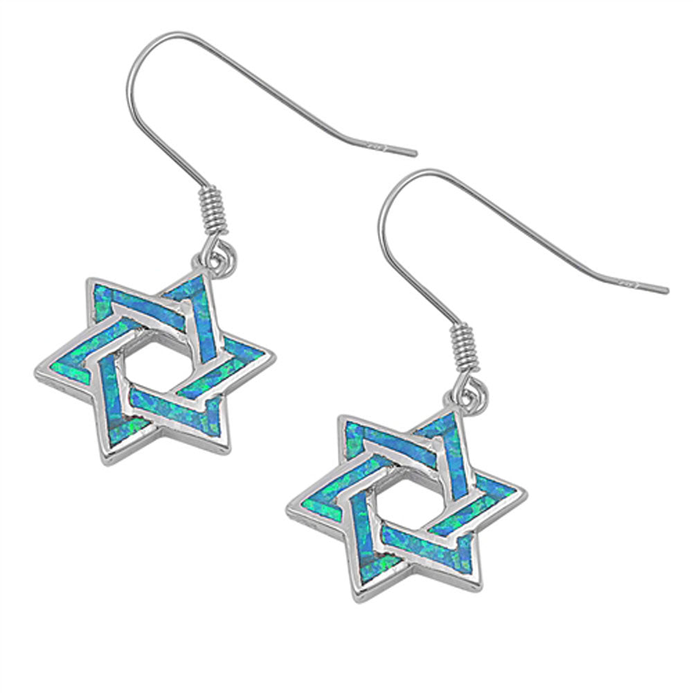 Star of David Earrings Blue Simulated Opal .925 Sterling Silver