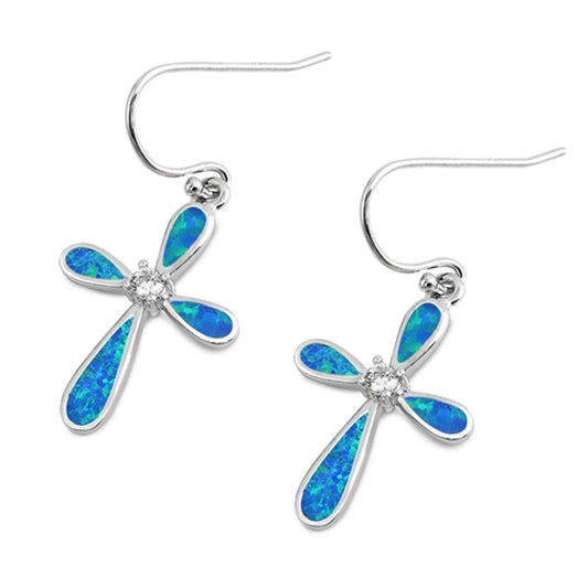 Cross Earrings Blue Simulated Opal Clear Simulated CZ .925 Sterling Silver