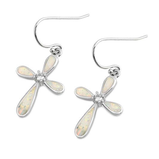 Cross Earrings White Simulated Opal Clear Simulated CZ .925 Sterling Silver
