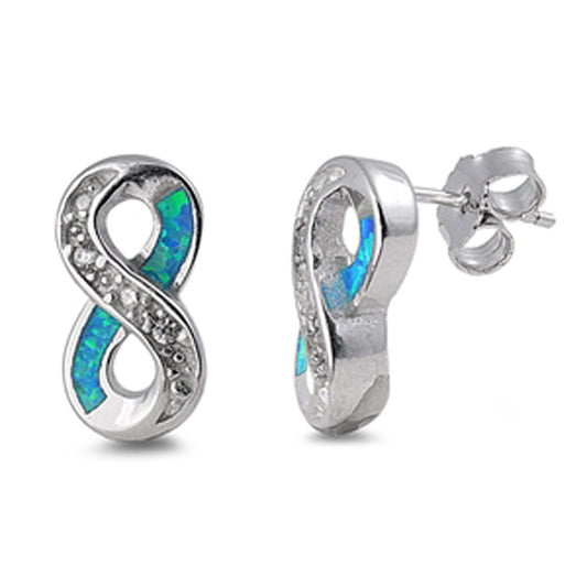 Infinity Earrings Clear Simulated CZ Blue Simulated Opal .925 Sterling Silver