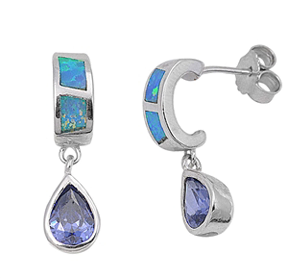 Sterling Silver Dangle Teardrop Earrings Blue Synthetic Opal Blue Sapphire CZ