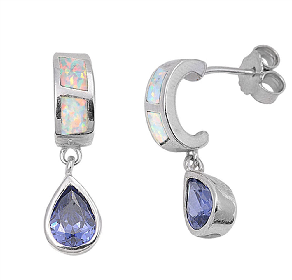 Modern Curve Teardrop Dangle White Simulated Opal Blue Simulated Sapphire .925 Sterling Silver Earrings
