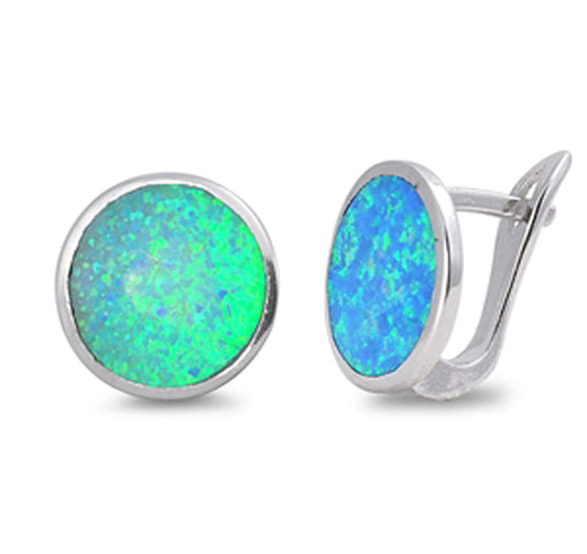 Round Circle Earrings Blue Simulated Opal .925 Sterling Silver
