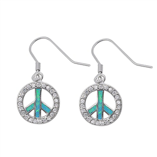 Peace Sign Halo Earrings Blue Simulated Opal Clear Simulated CZ .925 Sterling Silver