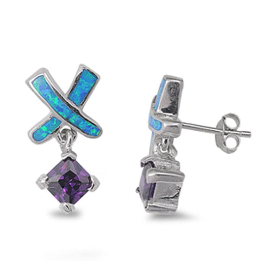 Criss-Cross Hanging Earrings Blue Simulated Opal Simulated Amethyst .925 Sterling Silver
