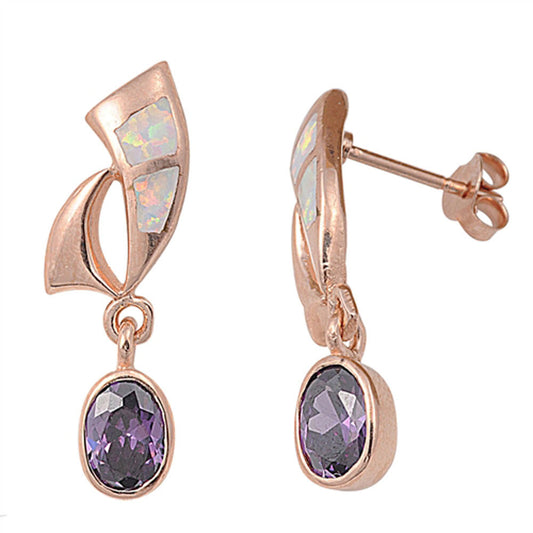 Rose Gold-Tone Oval Earrings Simulated Amethyst White Simulated Opal .925 Sterling Silver