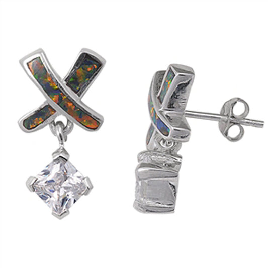 Criss-Cross Hanging Earrings Mystic Simulated Opal Clear Simulated CZ .925 Sterling Silver