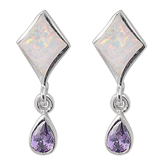 Teardrop Hanging Earrings Simulated Lavender White Simulated Opal .925 Sterling Silver