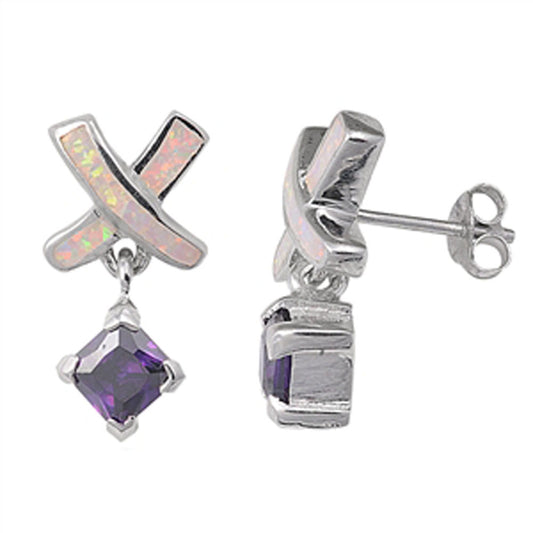 Criss-Cross Hanging Earrings White Simulated Opal Simulated Amethyst .925 Sterling Silver