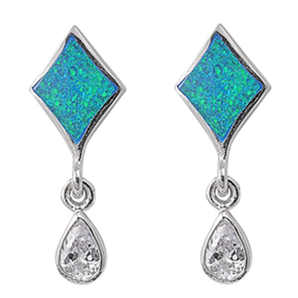 Teardrop Hanging Earrings Clear Simulated CZ Blue Simulated Opal .925 Sterling Silver