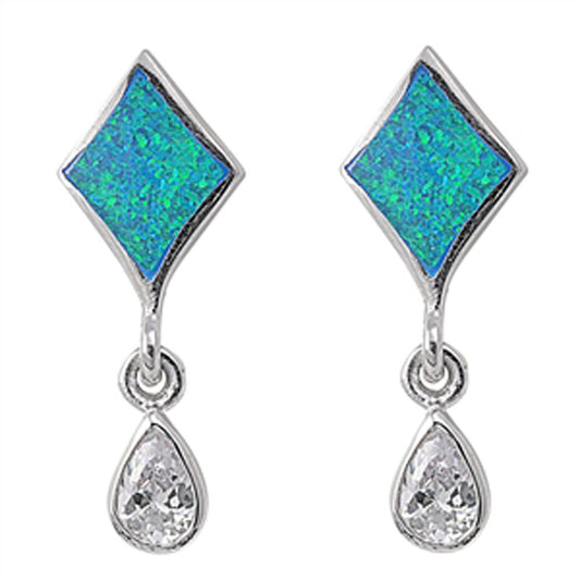 Teardrop Hanging Earrings Clear Simulated CZ Blue Simulated Opal .925 Sterling Silver