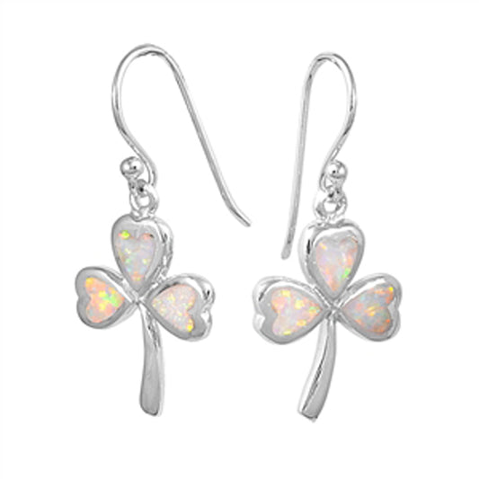 Shamrock Three Leaf Clover Sparkly White Simulated Opal .925 Sterling Silver Earrings