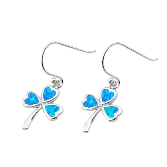 Shamrock Three Leaf Clover Flower Blue Simulated Opal .925 Sterling Silver Earrings