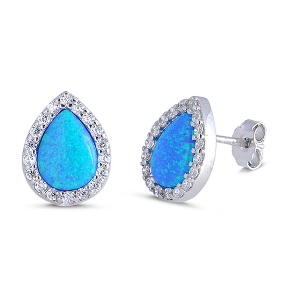Sterling Silver Teardrop Vintage Style Earrings Blue Synthetic Opal Clear CZ 925