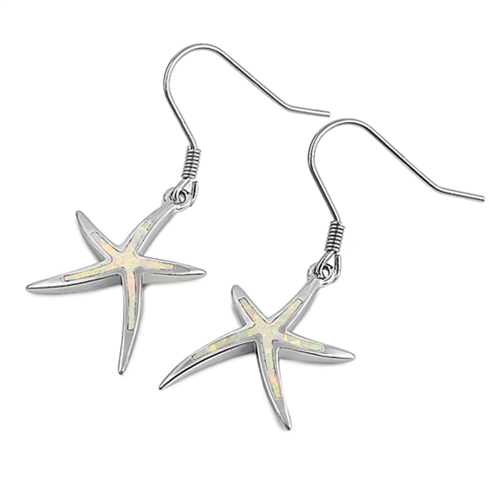 Sterling Silver Mosaic Star Starfish High Polish Earrings White Synthetic Opal