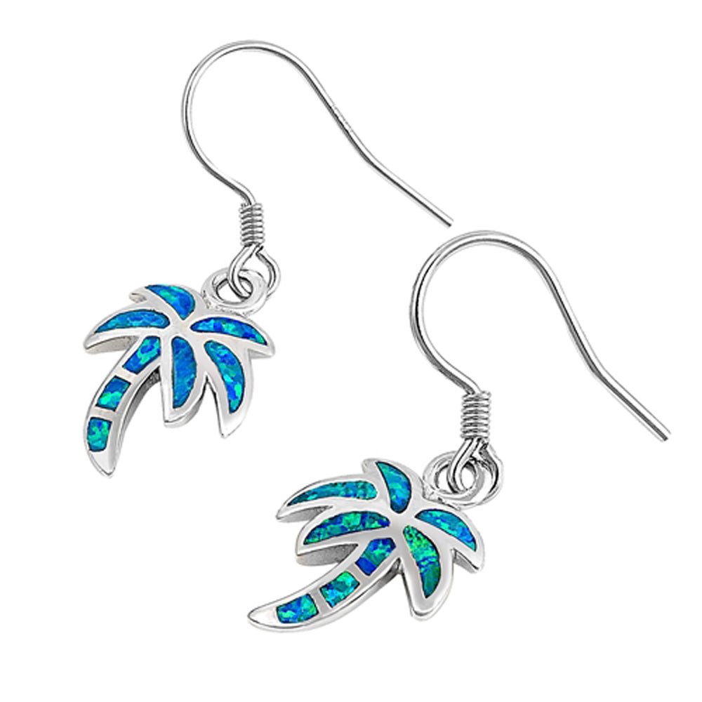Sterling Silver Mosaic Palm Tree Modern High Polish Earrings Blue Synthetic Opal