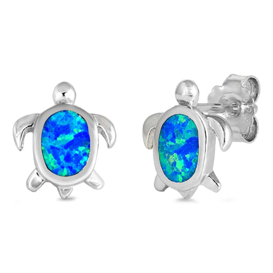 Sterling Silver Turtle Animal High Polish Nature Earrings Blue Synthetic Opal