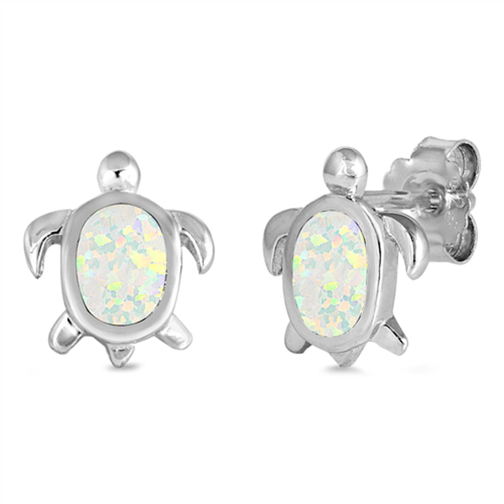 Sterling Silver Turtle Animal High Polish Mosaic Earrings White Synthetic Opal