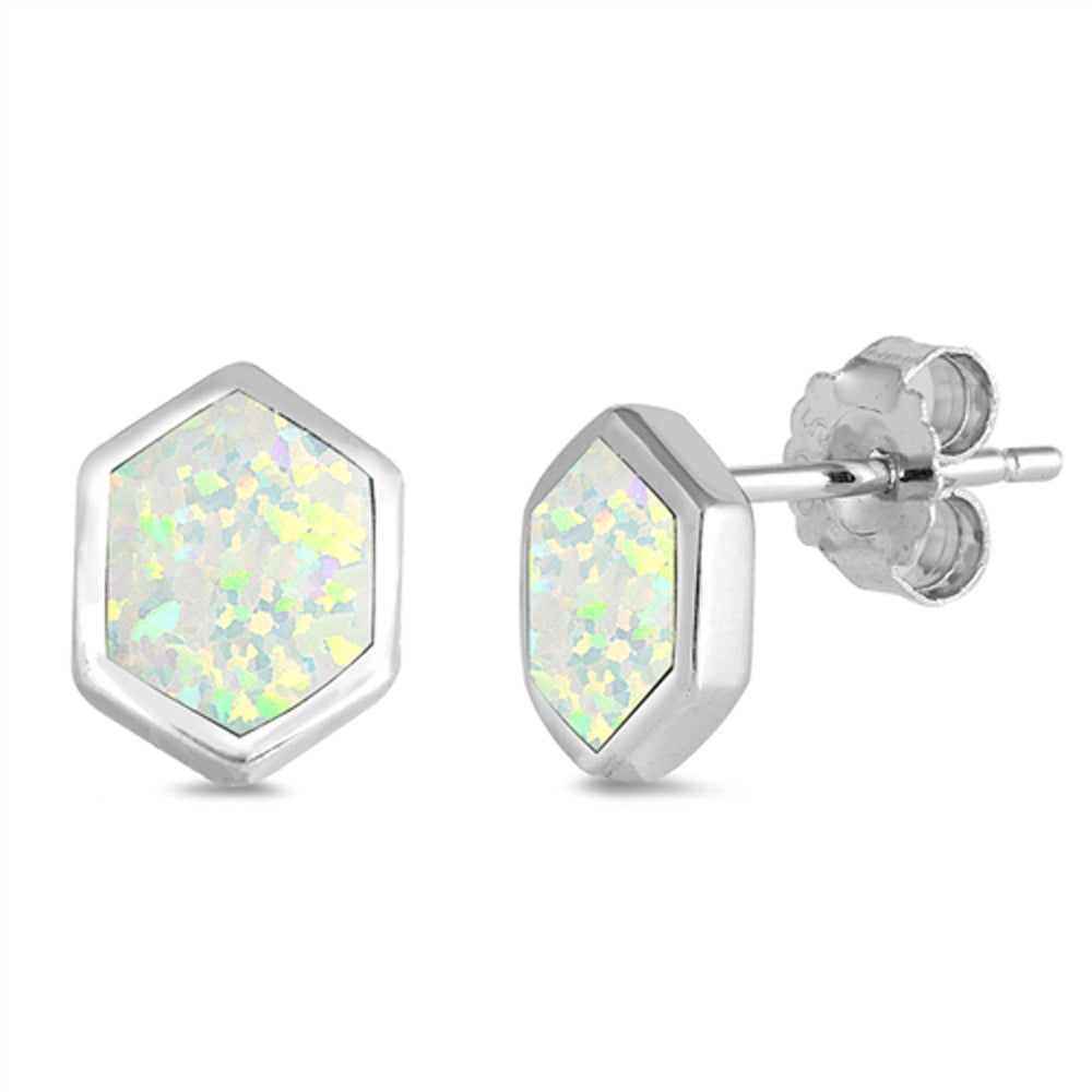Sterling Silver Classic Hexagon Modern Geometric Earrings White Synthetic Opal