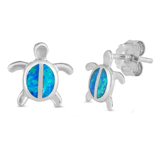 Sterling Silver Cute Turtle High Polish Ocean Earrings Blue Synthetic Opal 925
