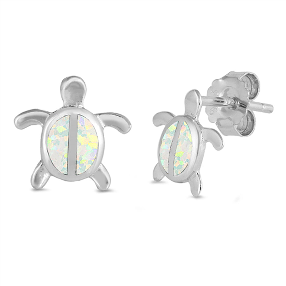 Sterling Silver Turtle High Polish Animal Cute Earrings White Synthetic Opal 925