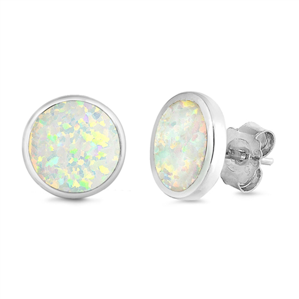 Sterling Silver Simple Circle Round Classic Earrings White Synthetic Opal 925
