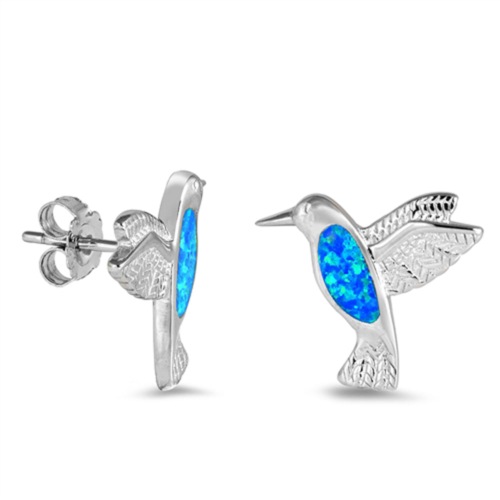 Sterling Silver Hummingbird Bird Animal Cute Earrings Blue Synthetic Opal 925