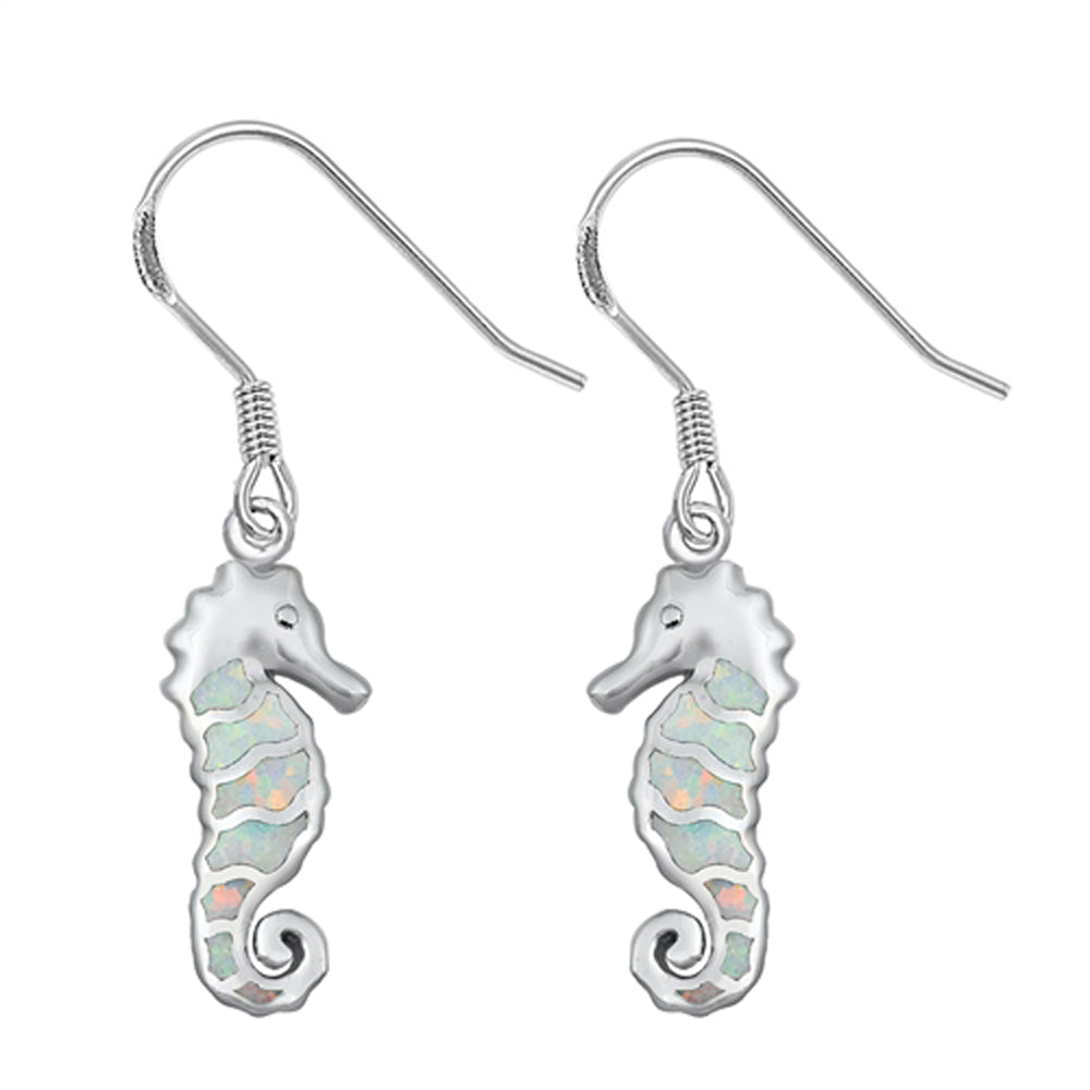 Sterling Silver Mosaic Seahorse Ocean Fish Beach Earrings White Synthetic Opal