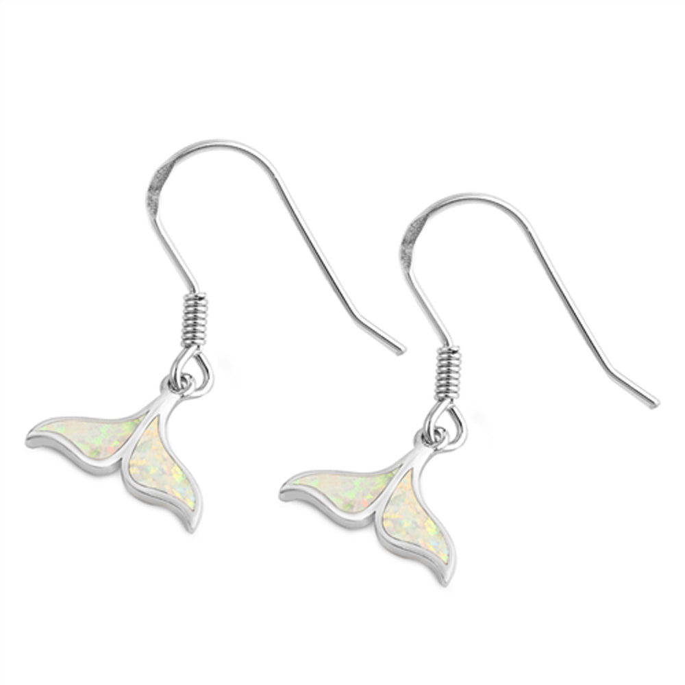 Sterling Silver Whale Tail Mermaid Animal Ocean Earrings White Synthetic Opal
